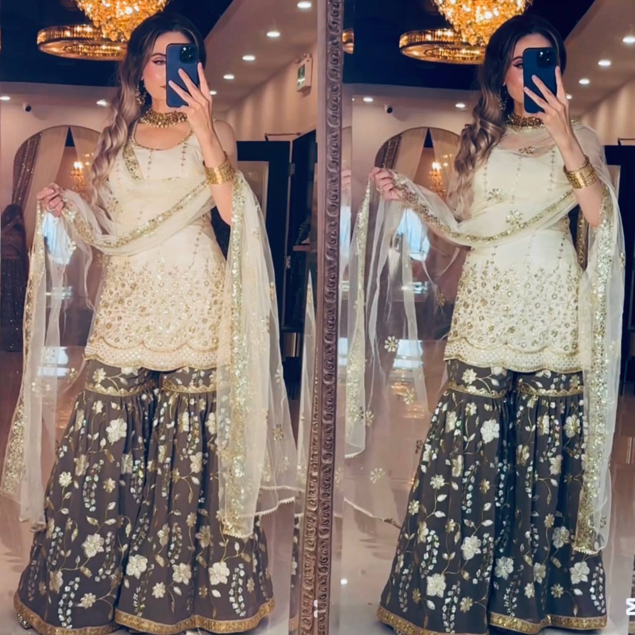 Modern Ivory & Dark Bronze Flared Silk Set
